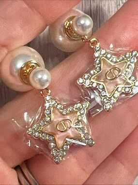 Gold & Pink Star Drop Earrings with Pearls